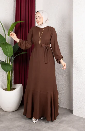 Hijab-Kleid Aus Kreppstoff Mit Elastischen Ärmeln Und Gürtel 0911-01 Braun 0911-01