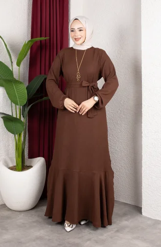 Hijab-Kleid Aus Kreppstoff Mit Elastischen Ärmeln Und Gürtel 0911-01 Braun 0911-01