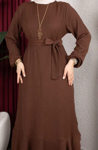 Hijab-Kleid Aus Kreppstoff Mit Elastischen Ärmeln Und Gürtel 0911-01 Braun 0911-01