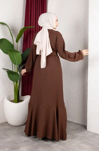 Hijab-Kleid Aus Kreppstoff Mit Elastischen Ärmeln Und Gürtel 0911-01 Braun 0911-01