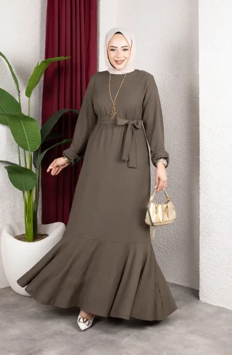 Hijab-Kleid Aus Kreppstoff Mit Elastischen Ärmeln Und Gürtel 0911-02 Nerz 0911-02