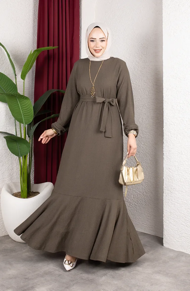 Hijab-Kleid Aus Kreppstoff Mit Elastischen Ärmeln Und Gürtel 0911-02 Nerz 0911-02