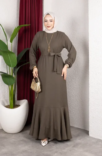 Hijab-Kleid Aus Kreppstoff Mit Elastischen Ärmeln Und Gürtel 0911-02 Nerz 0911-02