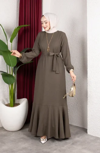 Hijab-Kleid Aus Kreppstoff Mit Elastischen Ärmeln Und Gürtel 0911-02 Nerz 0911-02