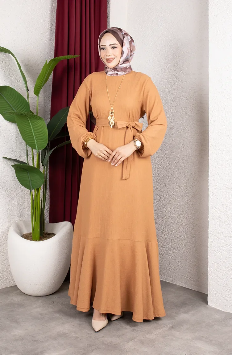 Hijab-Kleid Aus Kreppstoff Mit Elastischen Ärmeln Und Gürtel 0911-02 Nerz 0911-02