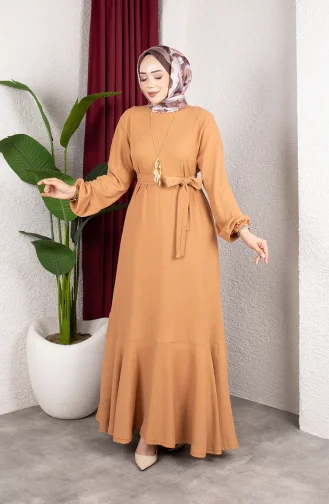 Hijab-Kleid Aus Kreppstoff Mit Elastischen Ärmeln Und Gürtel 0911-02 Nerz 0911-02