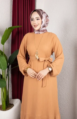 Hijab-Kleid Aus Kreppstoff Mit Elastischen Ärmeln Und Gürtel 0911-02 Nerz 0911-02