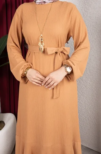 Hijab-Kleid Aus Kreppstoff Mit Elastischen Ärmeln Und Gürtel 0911-02 Nerz 0911-02