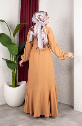 Hijab-Kleid Aus Kreppstoff Mit Elastischen Ärmeln Und Gürtel 0911-02 Nerz 0911-02