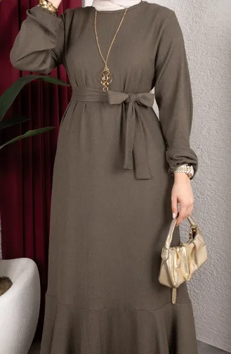 Robe Hijab En Crêpe Kaki Avec Manches élastiquées Et Ceinture 0911-03 0911-03