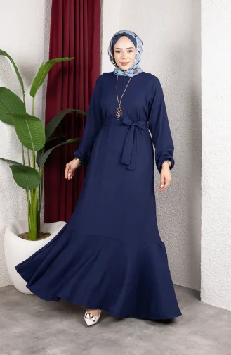 Robe Hijab En Crêpe Avec Manches Et Ceinture élastiquées 0911-04 Bleu Marine 0911-04