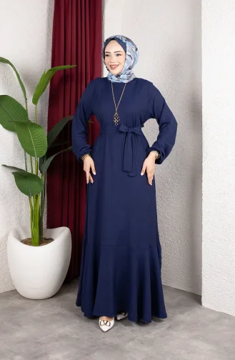 Robe Hijab En Crêpe Avec Manches Et Ceinture élastiquées 0911-04 Bleu Marine 0911-04