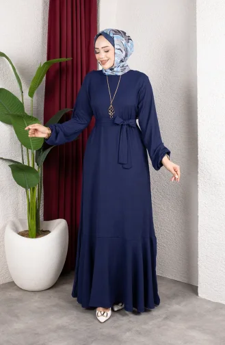 Robe Hijab En Crêpe Avec Manches Et Ceinture élastiquées 0911-04 Bleu Marine 0911-04