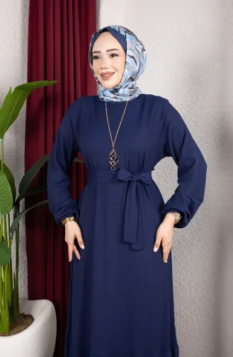 Robe Hijab En Crêpe Avec Manches Et Ceinture élastiquées 0911-04 Bleu Marine 0911-04