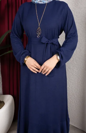 Robe Hijab En Crêpe Avec Manches Et Ceinture élastiquées 0911-04 Bleu Marine 0911-04