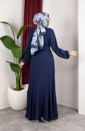Robe Hijab En Crêpe Avec Manches Et Ceinture élastiquées 0911-04 Bleu Marine 0911-04