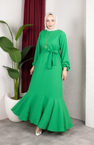 Robe Hijab En Crêpe Avec Manches Et Ceinture élastiquées 0911-05 Vert 0911-05