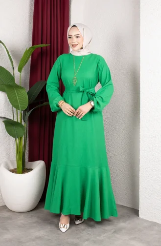 Robe Hijab En Crêpe Avec Manches Et Ceinture élastiquées 0911-05 Vert 0911-05