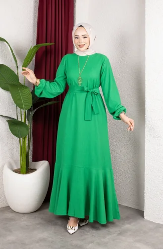 Robe Hijab En Crêpe Avec Manches Et Ceinture élastiquées 0911-05 Vert 0911-05