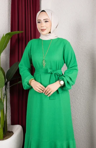 Robe Hijab En Crêpe Avec Manches Et Ceinture élastiquées 0911-05 Vert 0911-05