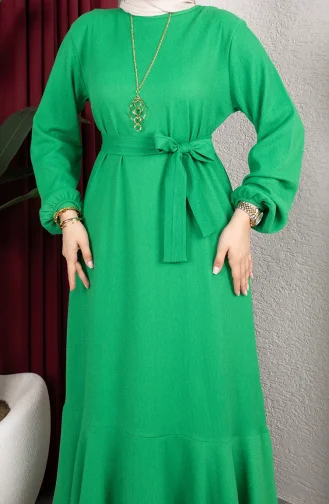 Robe Hijab En Crêpe Avec Manches Et Ceinture élastiquées 0911-05 Vert 0911-05