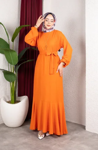 Robe Hijab En Crêpe Avec Manches élastiquées Et Ceinture 0911-06 Orange 0911-06