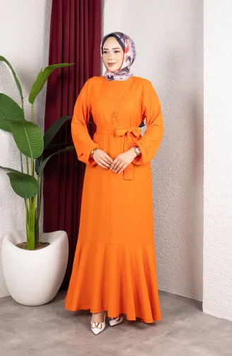 Robe Hijab En Crêpe Avec Manches élastiquées Et Ceinture 0911-06 Orange 0911-06
