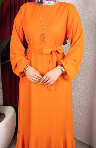Robe Hijab En Crêpe Avec Manches élastiquées Et Ceinture 0911-06 Orange 0911-06