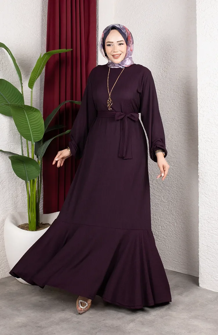 Hijab-Kleid Aus Crinkle-Stoff Mit Elastischen Ärmeln Und Gürtel Farbe 0911-07 Pflaume 0911-07