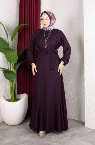 Hijab-Kleid Aus Crinkle-Stoff Mit Elastischen Ärmeln Und Gürtel Farbe 0911-07 Pflaume 0911-07