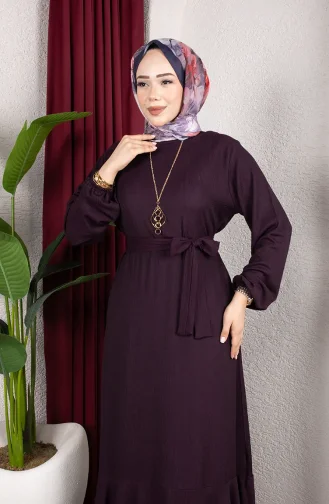Hijab-Kleid Aus Crinkle-Stoff Mit Elastischen Ärmeln Und Gürtel Farbe 0911-07 Pflaume 0911-07