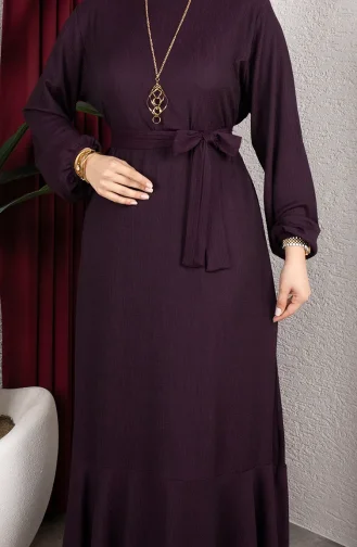 Hijab-Kleid Aus Crinkle-Stoff Mit Elastischen Ärmeln Und Gürtel Farbe 0911-07 Pflaume 0911-07