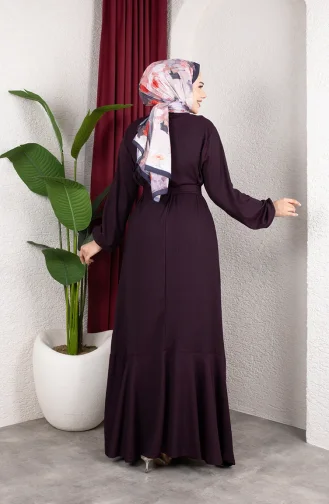 Hijab-Kleid Aus Crinkle-Stoff Mit Elastischen Ärmeln Und Gürtel Farbe 0911-07 Pflaume 0911-07