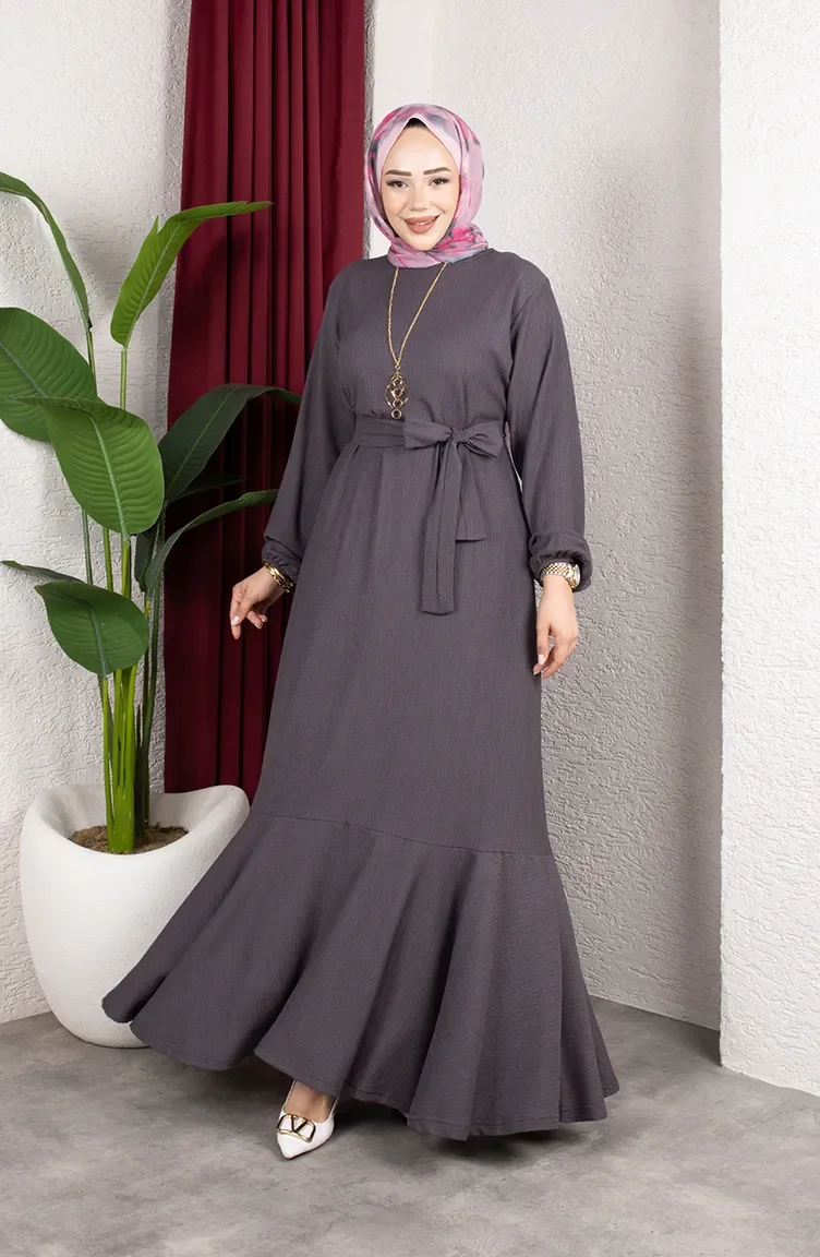 Hijab-Kleid Aus Kreppstoff Mit Elastischen Ärmeln Und Gürtel Farbe 0911-08 Anthrazit 0911-08