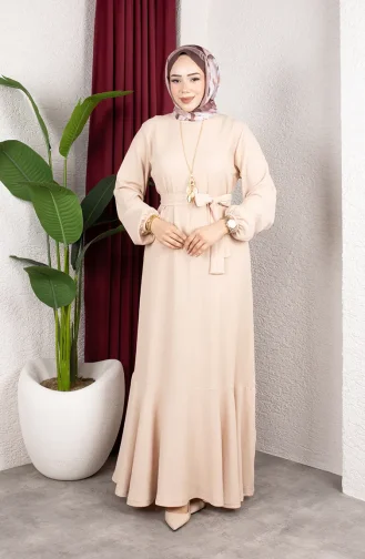 Robe Hijab En Crêpe Beige Manches élastiquées Et Ceinture 0911-09 0911-09