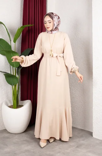 Robe Hijab En Crêpe Beige Manches élastiquées Et Ceinture 0911-09 0911-09