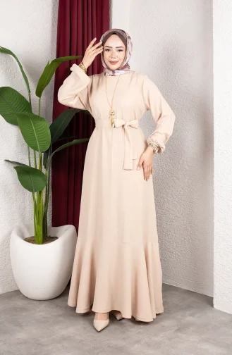 Robe Hijab En Crêpe Beige Manches élastiquées Et Ceinture 0911-09 0911-09