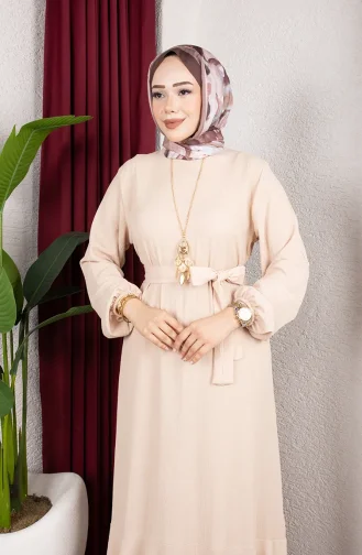 Robe Hijab En Crêpe Beige Manches élastiquées Et Ceinture 0911-09 0911-09