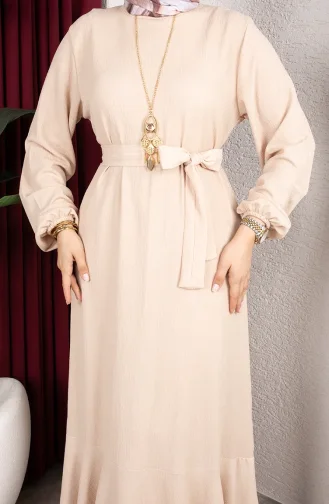 Robe Hijab En Crêpe Beige Manches élastiquées Et Ceinture 0911-09 0911-09
