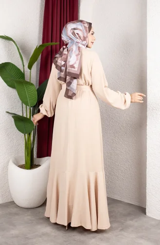 Robe Hijab En Crêpe Beige Manches élastiquées Et Ceinture 0911-09 0911-09