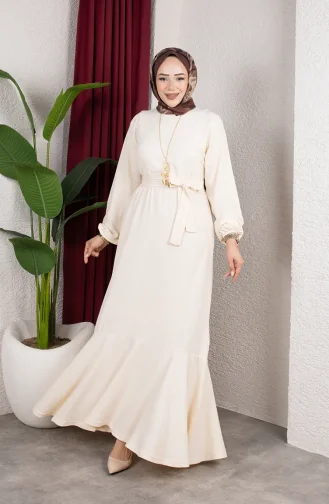 Robe Hijab En Crêpe Avec Manches élastiquées Et Ceinture 0911-10 Écru 0911-10