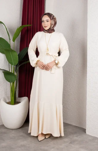 Robe Hijab En Crêpe Avec Manches élastiquées Et Ceinture 0911-10 Écru 0911-10