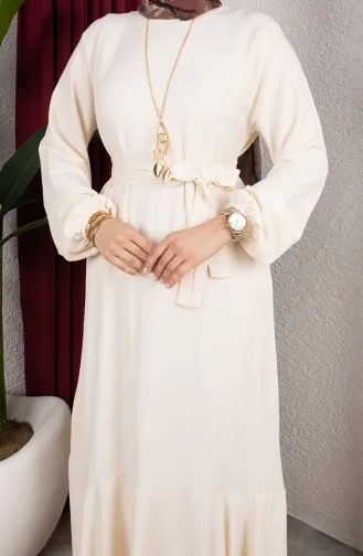 Robe Hijab En Crêpe Avec Manches élastiquées Et Ceinture 0911-10 Écru 0911-10
