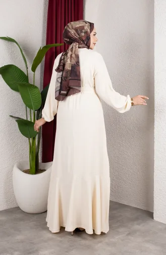 Robe Hijab En Crêpe Avec Manches élastiquées Et Ceinture 0911-10 Écru 0911-10