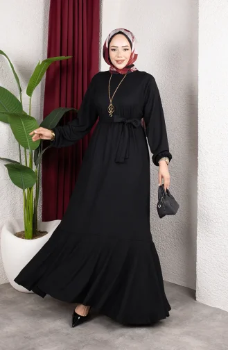 Robe Hijab En Crêpe Avec Manches Et Ceinture élastiquées 0911-11 Noir 0911-11