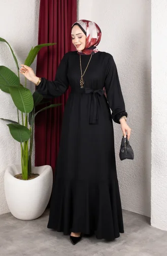 Robe Hijab En Crêpe Avec Manches Et Ceinture élastiquées 0911-11 Noir 0911-11