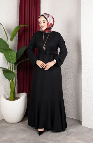 Robe Hijab En Crêpe Avec Manches Et Ceinture élastiquées 0911-11 Noir 0911-11