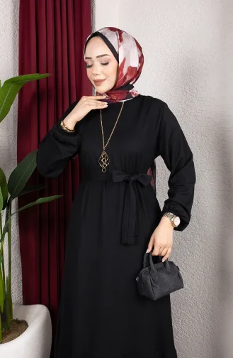 Robe Hijab En Crêpe Avec Manches Et Ceinture élastiquées 0911-11 Noir 0911-11
