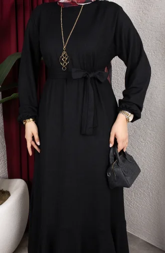 Robe Hijab En Crêpe Avec Manches Et Ceinture élastiquées 0911-11 Noir 0911-11