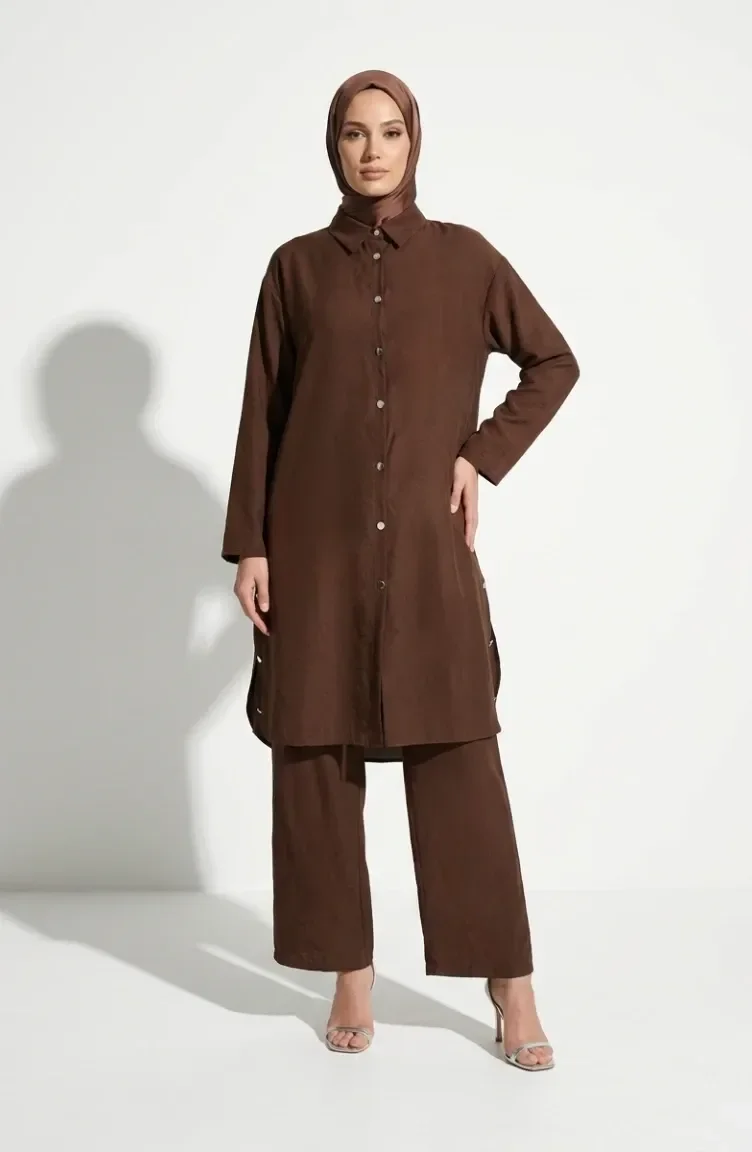 Shirt Collar Button-Down Hijab Two-Piece Set 2303-01 Brown 2303-01